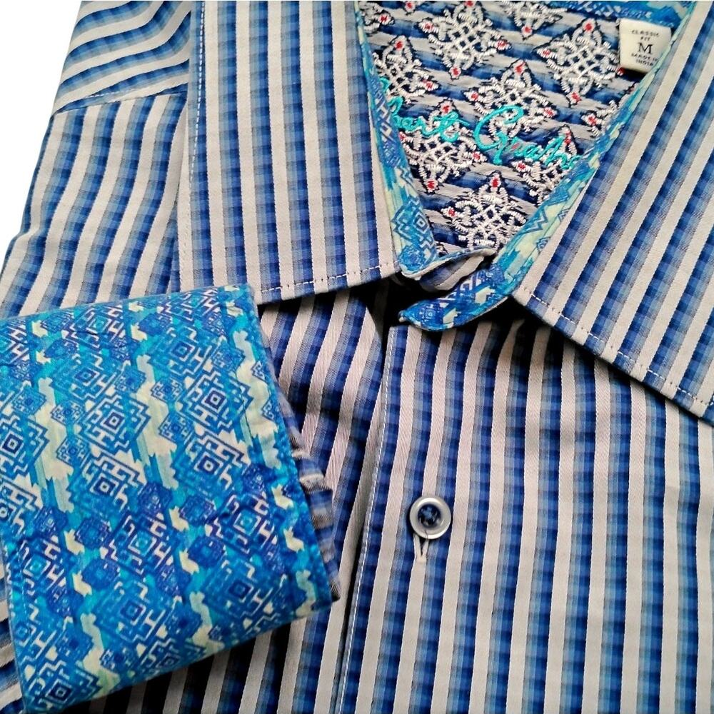 Robert Graham Blue Striped Men's MED Contrasting Geometric Cuff Preppy